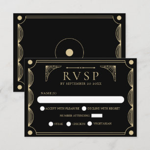 Black Art Deco Wedding RSVP Card