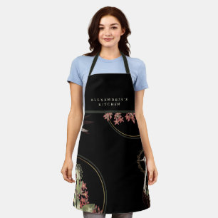 Black Artistic Floral Design + Your Name Kitchen Apron
