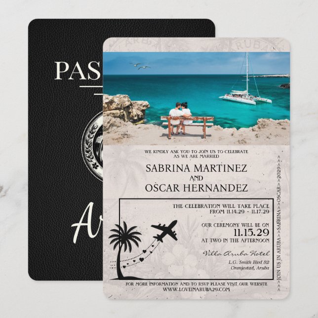 Black Aruba Passport Wedding Invitation (Front/Back)
