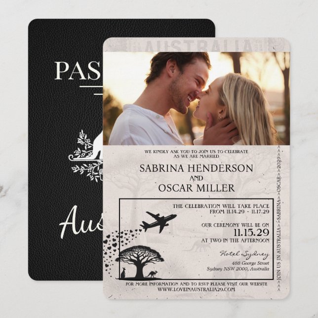 Black Australia Passport Wedding Invitation (Front/Back)