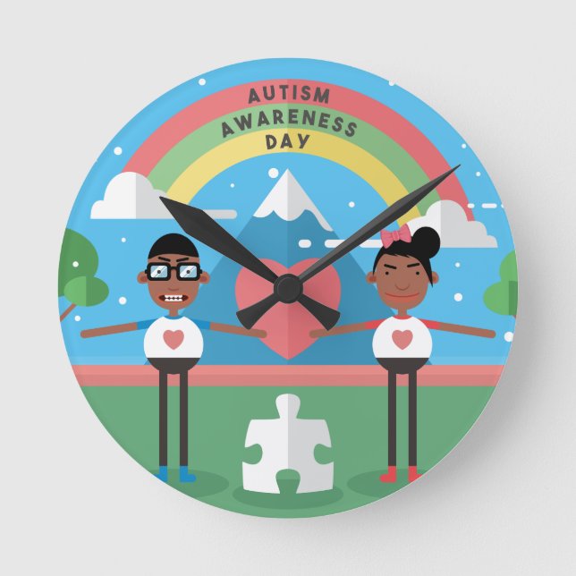 black autism awareness kids round clock (Front)