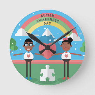 black autism awareness kids round clock