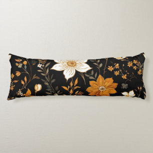 Black Autumn Boho Vintage Gold Floral Pattern Body Cushion