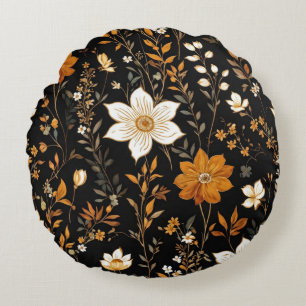 Black Autumn Boho Vintage Gold Floral Pattern Round Cushion