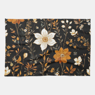 Black Autumn Boho Vintage Gold Floral Pattern Tea Towel