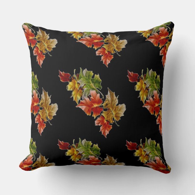 Black Autumn Leaves Pattern Throw Pillow (Front)