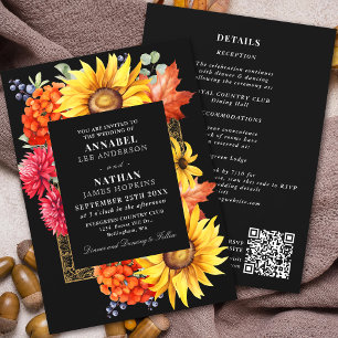 Black Autumn Watercolor Floral QR Code Invitation