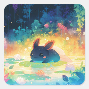 Black Axolotl Magical Pond Retreat Square Sticker