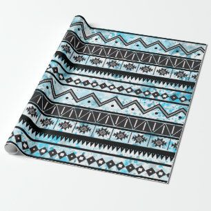 Black Aztec Tribal Pattern & Blue Watercolor Wrapping Paper