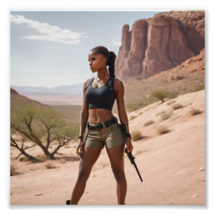 Black Babe in Khaki Shorts Looking Out Desert Photo Print