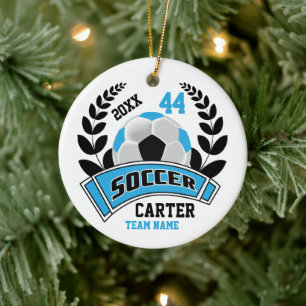 Black, Baby Blue and White Personalize Soccer  ⚽ Ceramic Tree Decoration