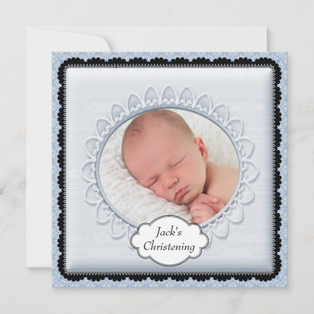 Black Baby Blue Boys Photo Christening Invitations (Front)