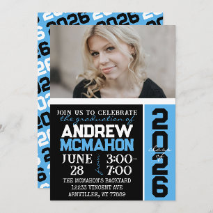 Black & Baby Blue Modern Graduation Photo Invitation