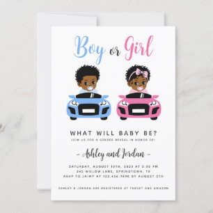 Black Baby Car Race Gender Reveal Invitation