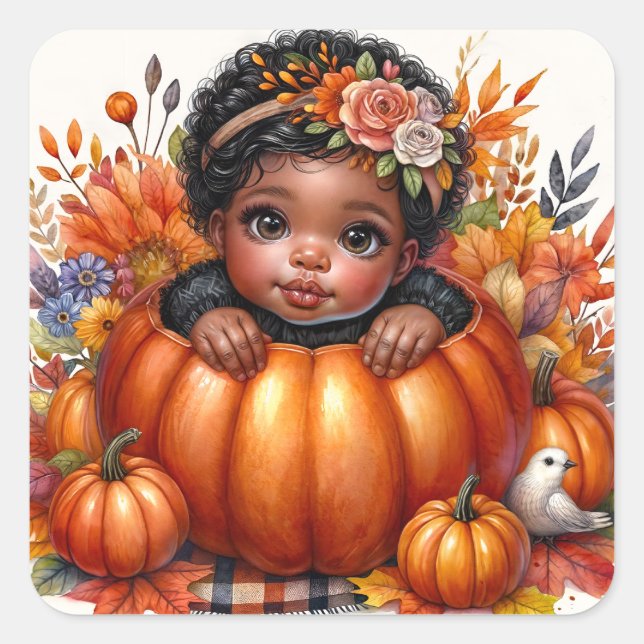 Black Baby Girl In Pumpkin Autumn Square Sticker (Front)