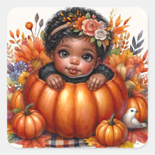 Black Baby Girl In Pumpkin Autumn Square Sticker