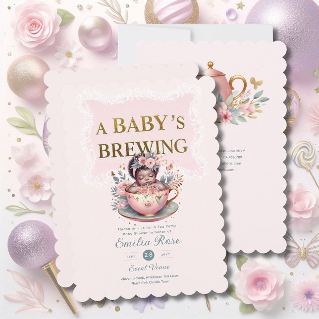 Black Baby Girl is Brewing Tea Party Shower Floral Invitation (Creator Uploaded)