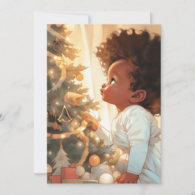 Black Baby Girl Looking at A Christmas Tree Holiday Card (Front)