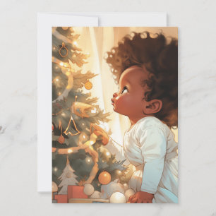 Black Baby Girl Looking at A Christmas Tree Holiday Card