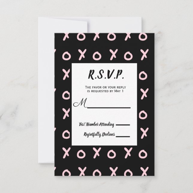 Black & Baby Pink X O XO XO's Trendy RSVP Reply (Front)