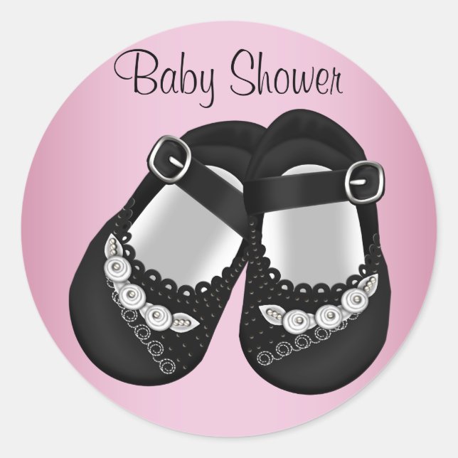 Black Baby Shoes Pink Baby Shower Stickers (Front)