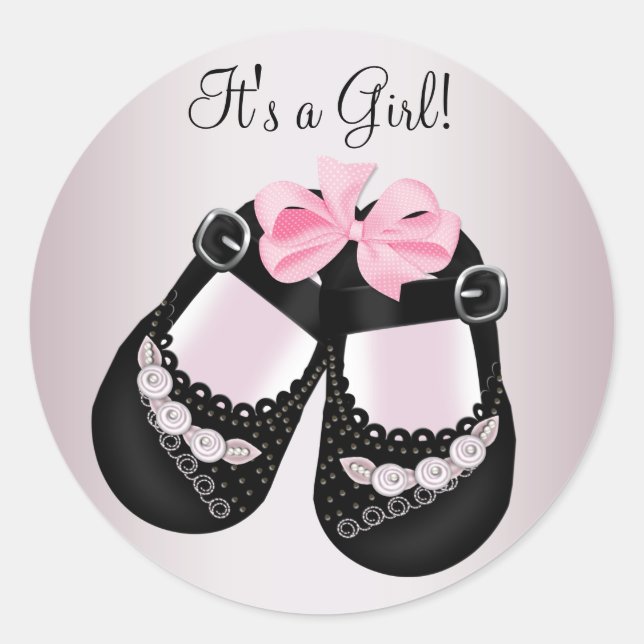 Black Baby Shoes Pink Baby Shower Stickers (Front)