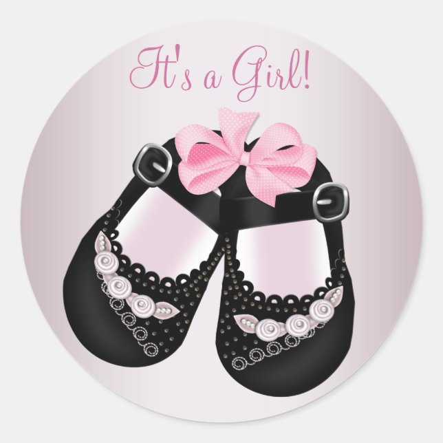 Black Baby Shoes Pink Baby Shower Stickers (Front)