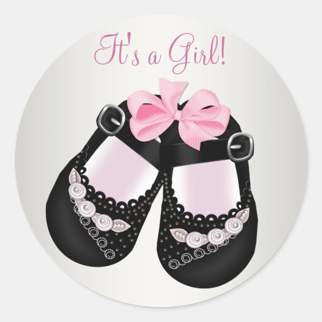 Black Baby Shoes Pink Baby Shower Stickers (Front)