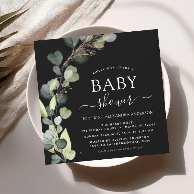 Black Baby Shower Greenery Eucalyptus Invitation (Creator Uploaded)