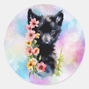 Black Baby Wolf cub watercolor art painting Classic Round Sticker