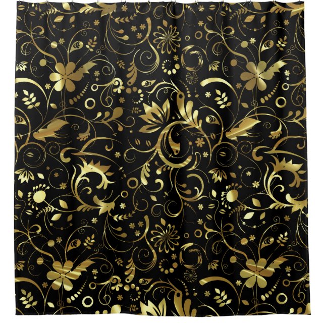 Black Background And Gold Floral Pattern Shower Curtain (Front)