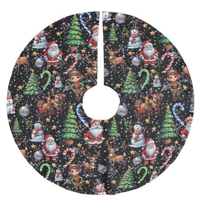 Black Background Christmas Decorative Pattern Brushed Polyester Tree Skirt (Front)