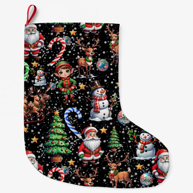 Black Background Christmas Decorative Pattern Large Christmas Stocking (Front)