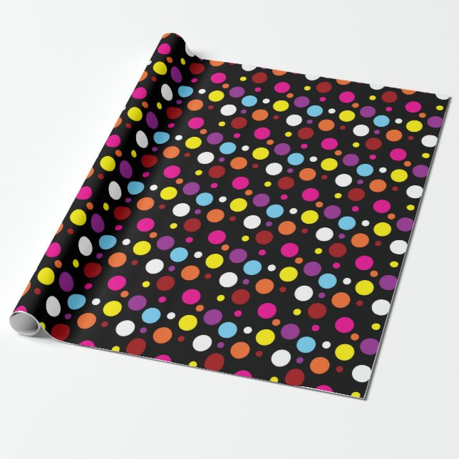 Black Background Colourful Polka Dots Pattern Wrapping Paper (Unrolled)