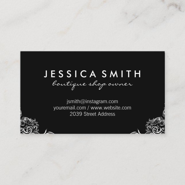Black Background Fancy Corners Business Card (Front)