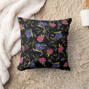 Black Background Floral Pink Blue Pattern Design  Cushion