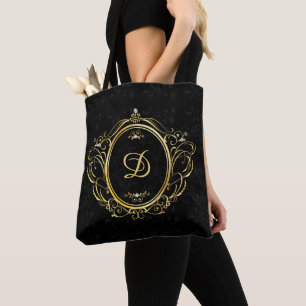Black background Gold vintage frame with monogram Tote Bag