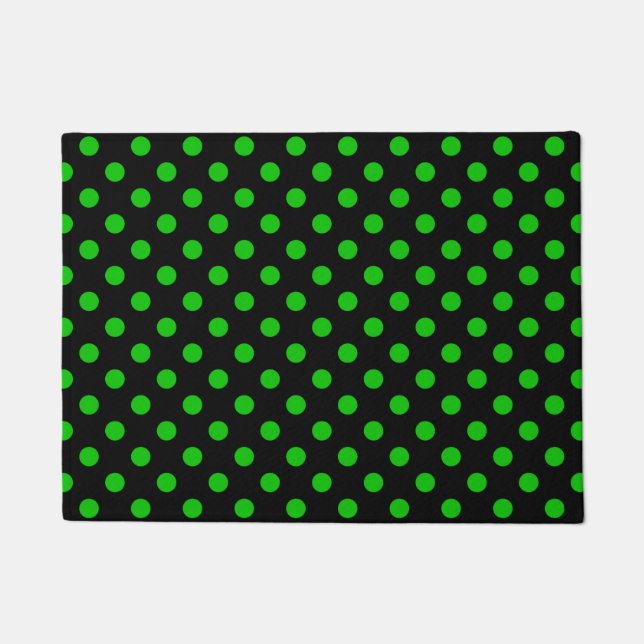 Black Background Green Polka Dots Doormat (Front)