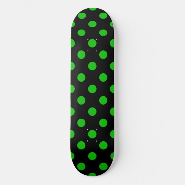 Black Background Green Polka Dots Skateboard (Front)
