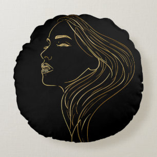 Black Background Line Art Woman roundPillow Round Cushion