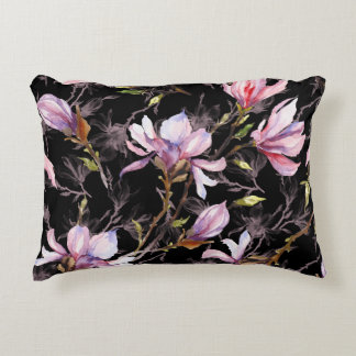 Black Background Pink Magnolia Watercolor Decorative Cushion