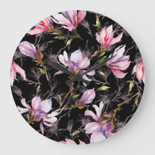 Black Background Pink Magnolia Watercolor Large Clock