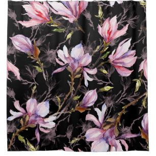 Black Background Pink Magnolia Watercolor Shower Curtain