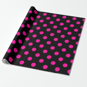 Black Background Pink Polka Dots Wrapping Paper