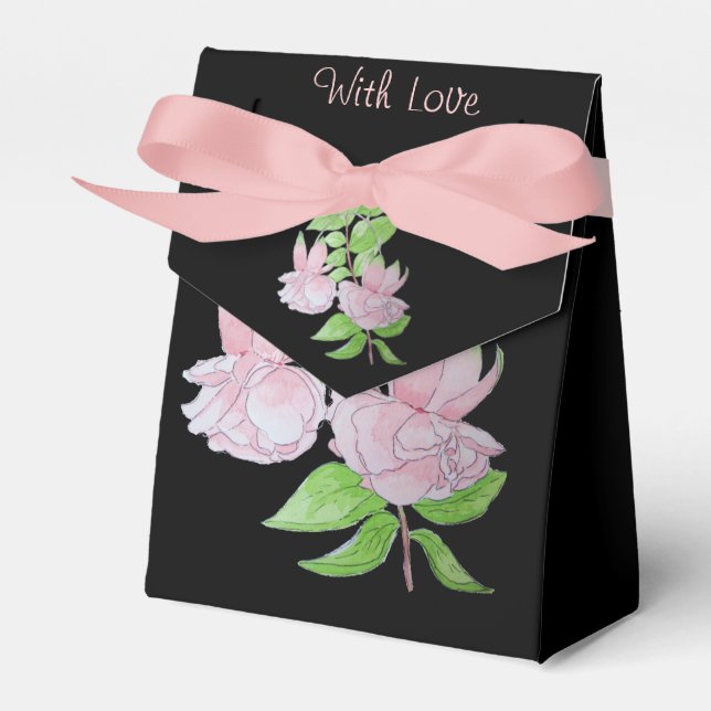 black background pretty pink flowers for wedding favour box (Front Side)