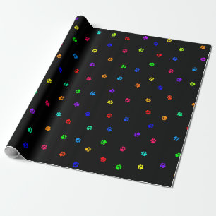 Black Background Rainbow Pawprint Wrapping Paper
