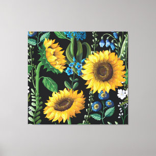 Black Background Sunflower Pattern Canvas Print