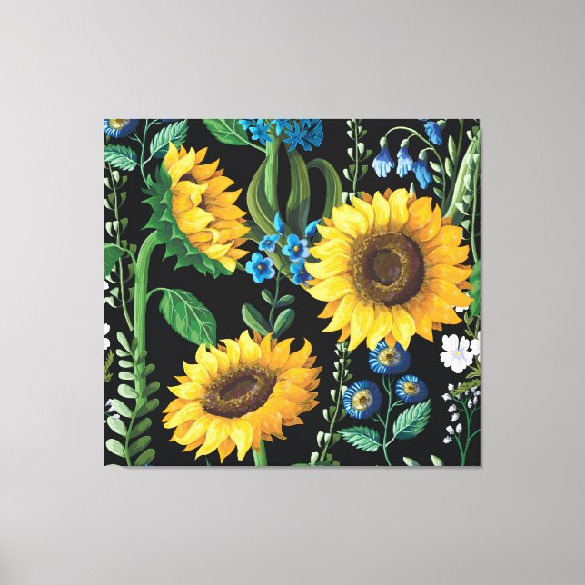 Black Background Sunflower Pattern Canvas Print (Front)