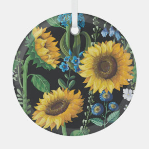 Black Background Sunflower Pattern Glass Tree Decoration