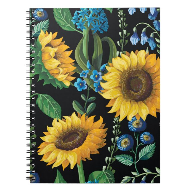 Black Background Sunflower Pattern Notebook (Front)